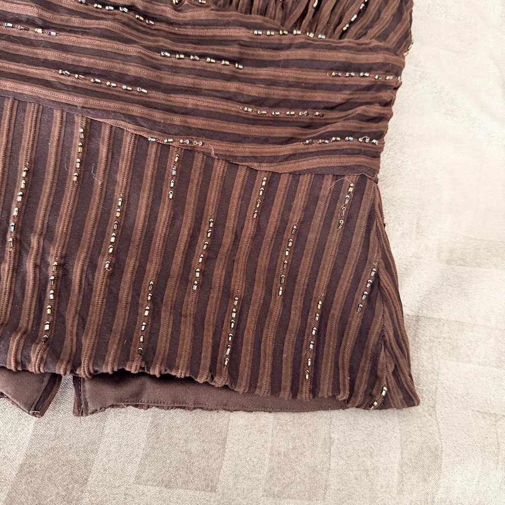 VTG Y2K Cache Top 8 Brown Beaded Halter Camisole Ottoman Stripe Party Blouse - Picture 7 of 16